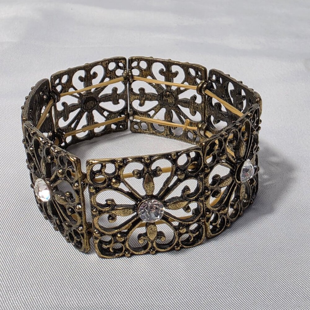 Antique Brass Wide Stretch Cuff Bracelet Filigree Square Links with Rhinestone
